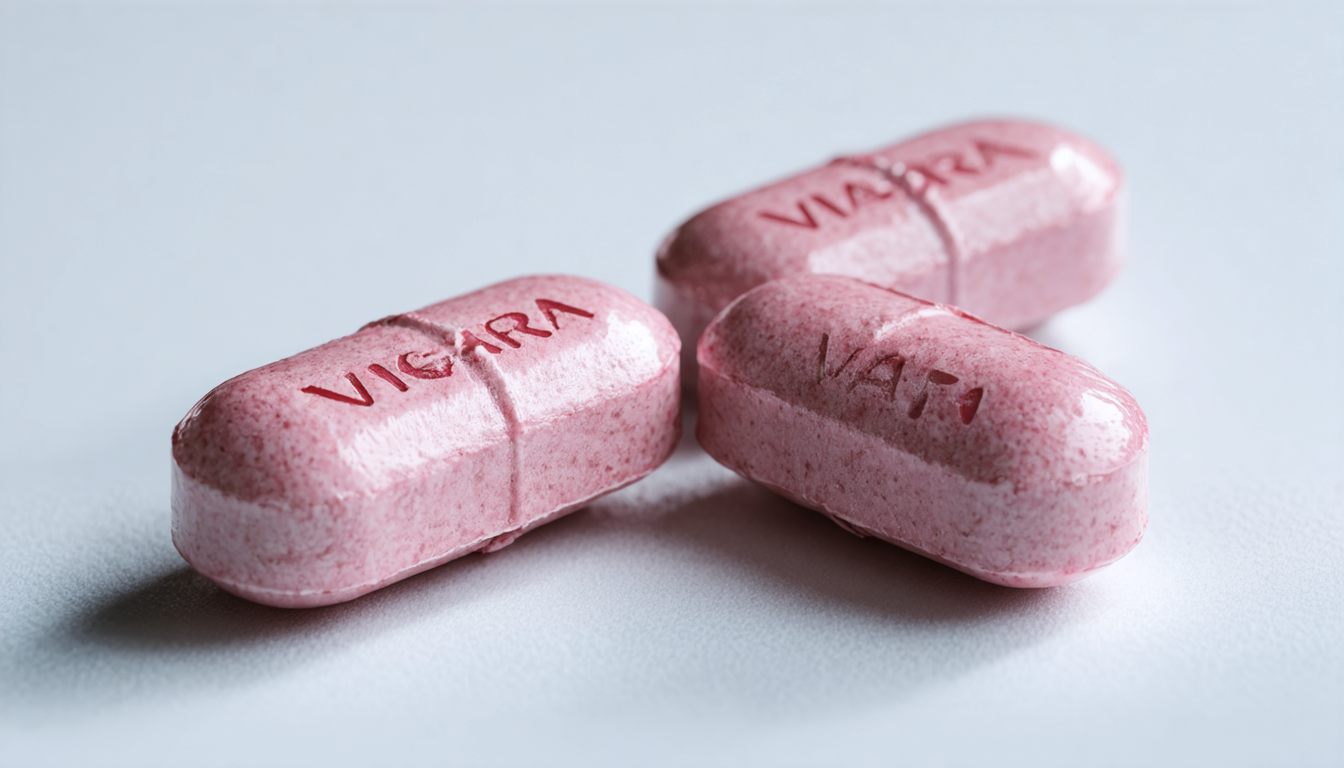 Prescription Viagra pills in a blister pack next to a glass of water on a bedside table